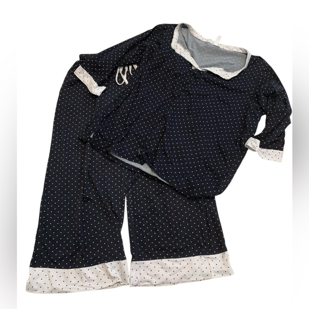Flora Nikrooz Polka Dot PJ Set Blouse XL Pants M Navy White Cozy Knit Loungewear
